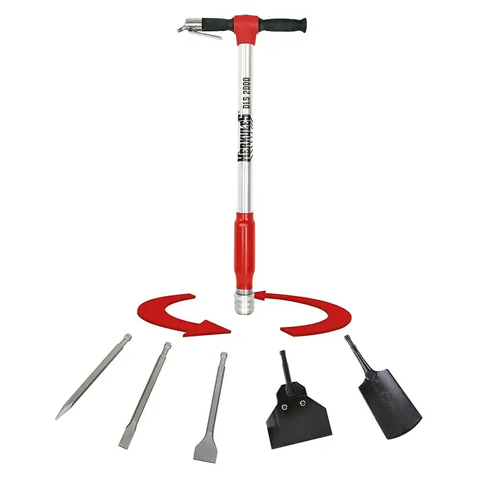 Herkules Multiherramienta neumática - 6,3 bar, Consumo de aire: 160 - 280 l/min - La imagen muestra un raspador de pisos Hercules DLS 2000 con varios accesorios, ideal para la preparación y renovación de pisos.