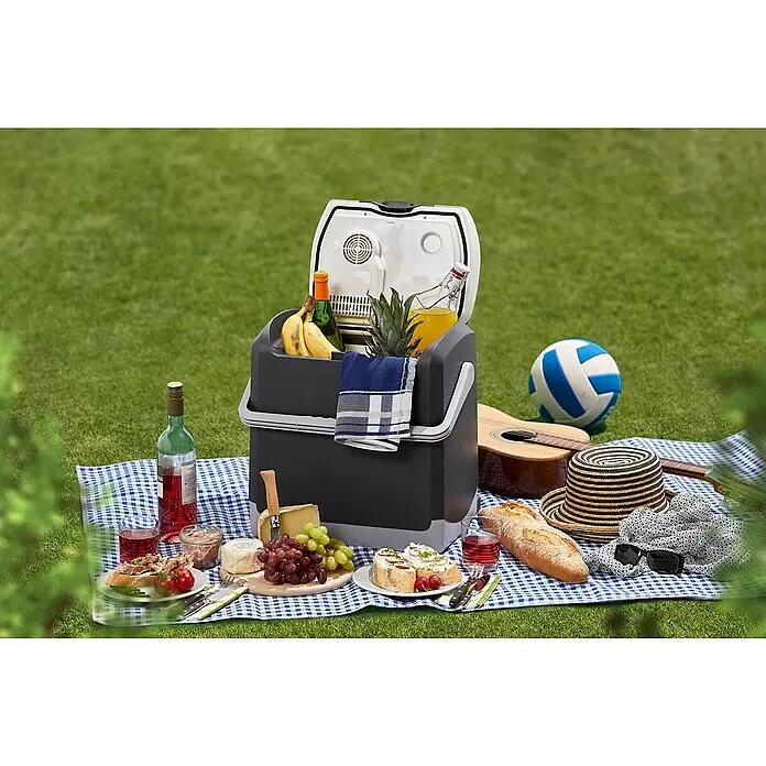 AEG Nevera de camping KK 20 - Capacidad volumétrica: 20 l, Gris - Nevera gris llena de comida y bebidas, utilizada para un picnic.