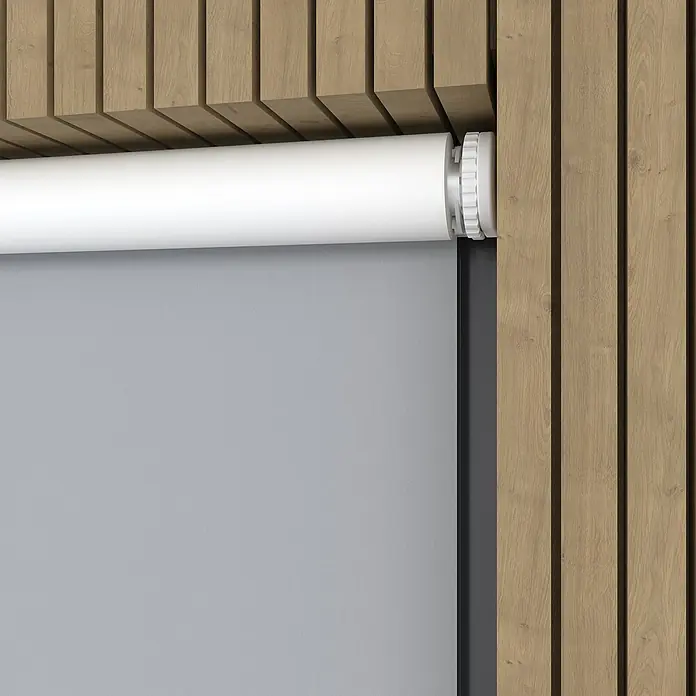 Expo Ambiente Springrollo - B x H: 90 x 190 cm, Grau - Nahaufnahme einer Rollo, die an einer Holzpaneelwand befestigt ist und elegantes Design mit praktischer Funktionalität verbindet.