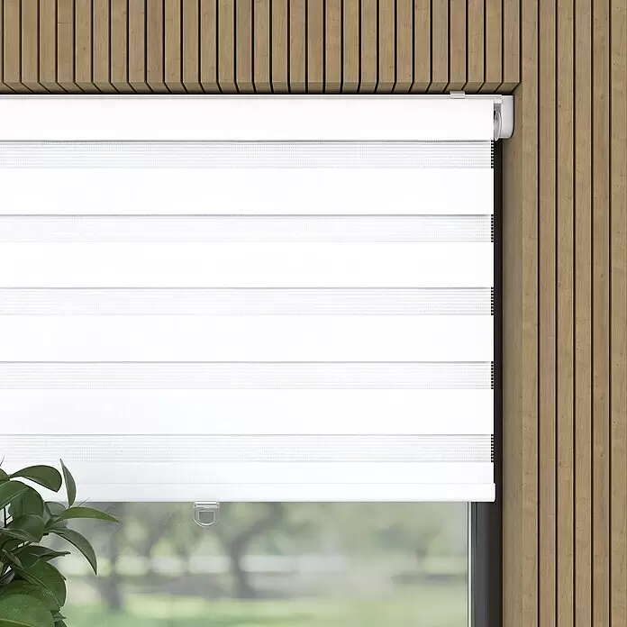 Doppelrollo Schnurlos - B x H: 60 x 150 cm, Weiß - Weißes Zebra-Rollo mit abwechselnd transparenten und blickdichten Streifen, am Fenster neben einer Holzlamellenwand montiert.