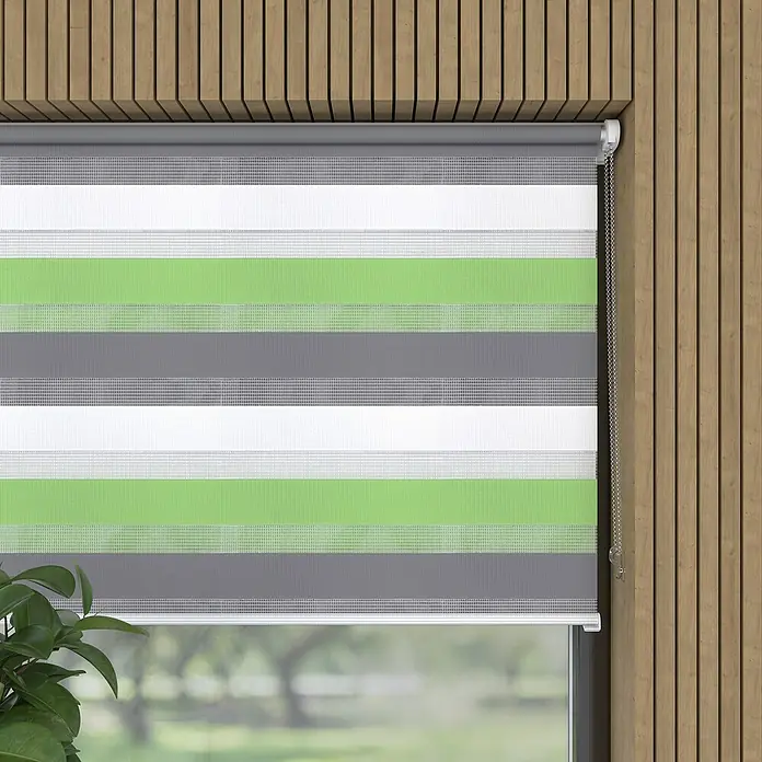 Expo Ambiente Doppelrollo Mini - B x H: 60 x 150 cm, Mehrfarbig - Dieses Bild zeigt eine moderne, gestreifte Doppelrollo in Grau-, Grün- und Weißtönen, die für eine stilvolle Fensterdekoration sorgt.
