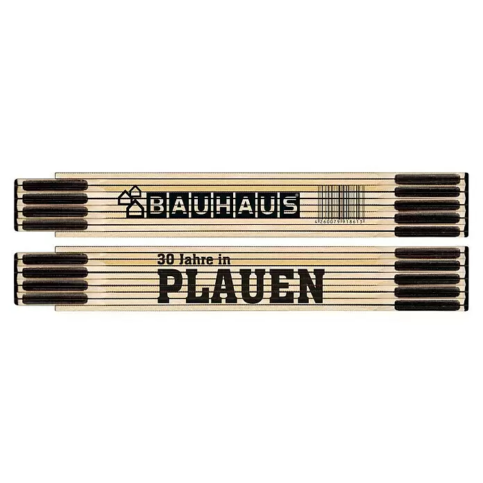 BAUHAUS Zollstock - 30 Jahre Plauen - Hölzerner Gliedermaßstab mit 'BAUHAUS'-Logo und '30 Jahre in PLAUEN'-Aufschrift.