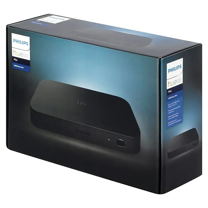 Philips Hue HDMI-Umschalter Play Sync Box - Schwarz, Netzbetrieben, 2,3 x 18,2 x 9,9 cm - Eine Philips Hue Play HDMI Sync Box in ihrer Originalverpackung, die ein immersives Entertainment-Erlebnis verspricht.
