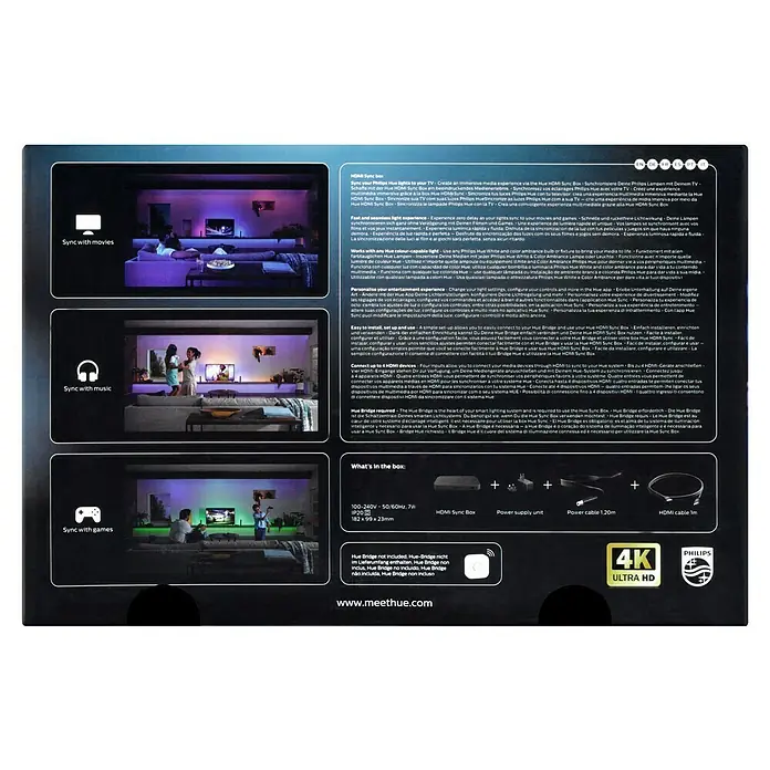 Philips Hue HDMI-Umschalter Play Sync Box - Schwarz, Netzbetrieben, 2,3 x 18,2 x 9,9 cm - Produktverpackung der Philips Hue HDMI Sync Box, die ein immersives Medienerlebnis ermöglicht.\n