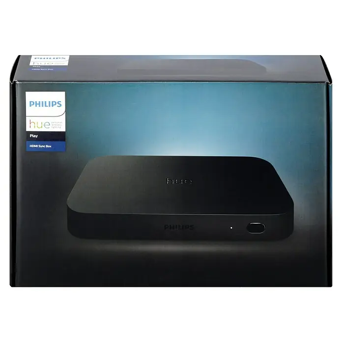 Philips Hue HDMI-Umschalter Play Sync Box - Schwarz, Netzbetrieben, 2,3 x 18,2 x 9,9 cm - Nahaufnahme der Verpackung einer Philips Hue Play HDMI Sync Box, die eine elegante und moderne Beleuchtungslösung zeigt.