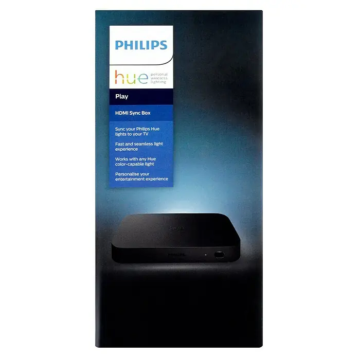 Philips Hue HDMI-Umschalter Play Sync Box - Schwarz, Netzbetrieben, 2,3 x 18,2 x 9,9 cm - Produktverpackung für Philips Hue Play HDMI Sync Box, die ein nahtloses Lichterlebnis für das Entertainment zu Hause verspricht.