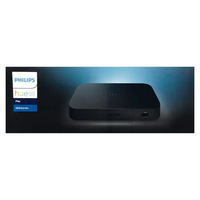 Philips Hue HDMI-Umschalter Play Sync Box - Schwarz, Netzbetrieben, 2,3 x 18,2 x 9,9 cm - Nahaufnahme einer Philips Hue Play HDMI Sync Box, einem Gerät zur Synchronisierung von Lichteffekten mit dem Bildschirminhalt für ein immersives Erlebnis.