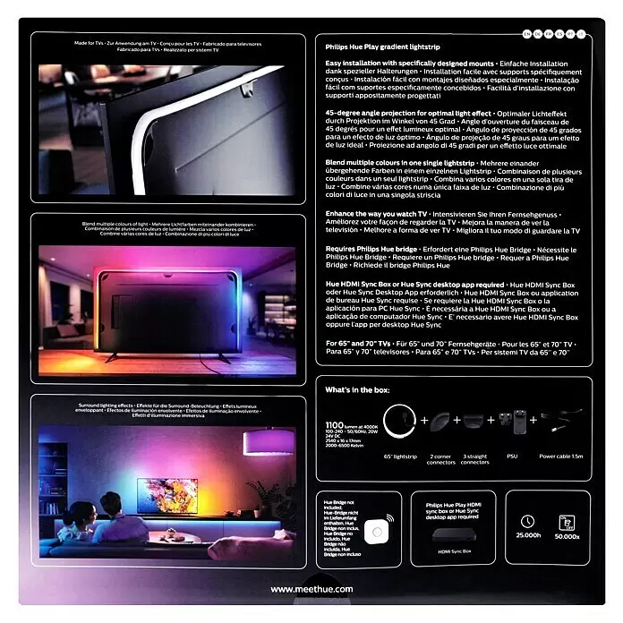 Philips Hue LED-Stripes Play Gradient 65 Zoll - Länge: 254 cm, Mehrfarbig - Philips Hue Play Gradient Lightstrip Verpackung mit Details zu Funktionen, TV-Kompatibilität (65-70 Zoll), immersiven Lichteffekten und Lieferumfang.