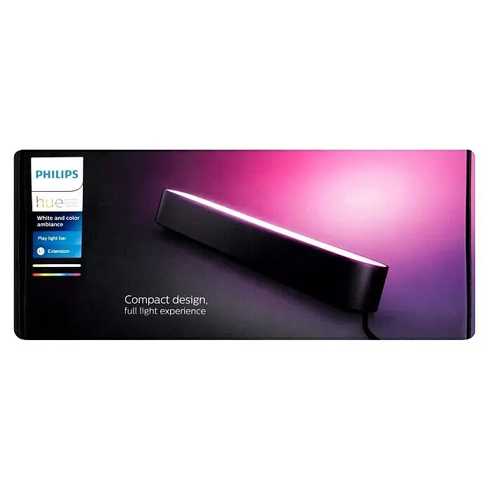 Philips Hue LED-Leuchte Play Lightbar Erweiterung - Schwarz - Eine schwarze Philips Hue Play Lightbar-Erweiterung emittiert helles weißes und pinkes Licht, das ihr kompaktes Design und Farbamiente zeigt.