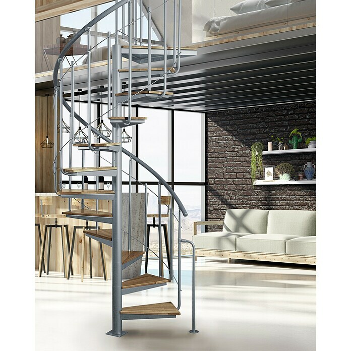 Atrium Spindeltreppe Solo Vertical (Farbton Metall: RAL 9006, Durchmesser: 120 cm, Stahl, Buche, Geschosshöhe: 264 cm - 286 cm) | BAUHAUS