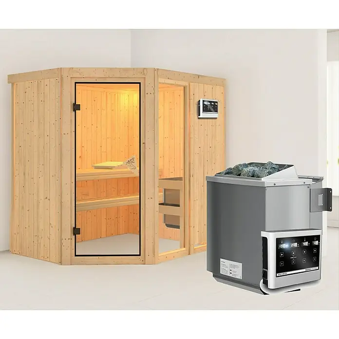 Karibu Elementsauna Fiona - Mit 9 kW Bio-Ofen mit externer Steuerung, Ohne Dachkranz, L x B x H: 196 x 151 x 192 cm - Sauna mit Holzwänden, Glastür und digitalem Bedienfeld. Der Saunaofen mit Steinen steht bereit, um die Hitze zu liefern.