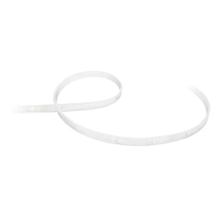 Philips Hue LED-Band Plus Erweiterung - 1 m, RGBW - Nahaufnahme einer weißen, flexiblen LED-Lichtleiste auf schwarzem Hintergrund, ideal für dekorative Beleuchtung.