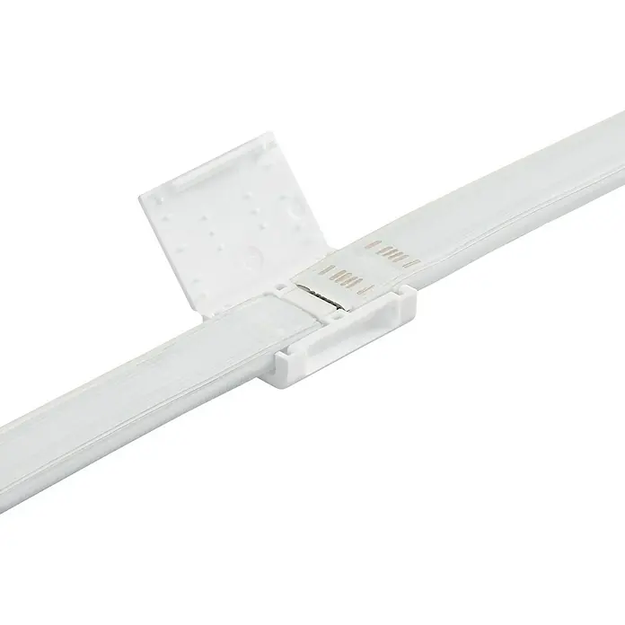 Philips Hue LED-Band Plus Erweiterung - 1 m, RGBW - Nahaufnahme einer weißen LED-Leiste mit einem Verbinder, die die Vielseitigkeit der Beleuchtungslösung hervorhebt.