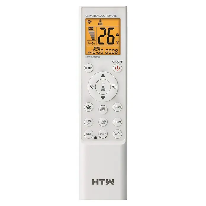 HTW Mando a distancia universal iGlobal - Espacios hasta 105 m² - Primer plano de un mando a distancia universal de CA HTW con pantalla LCD y varios botones de función.