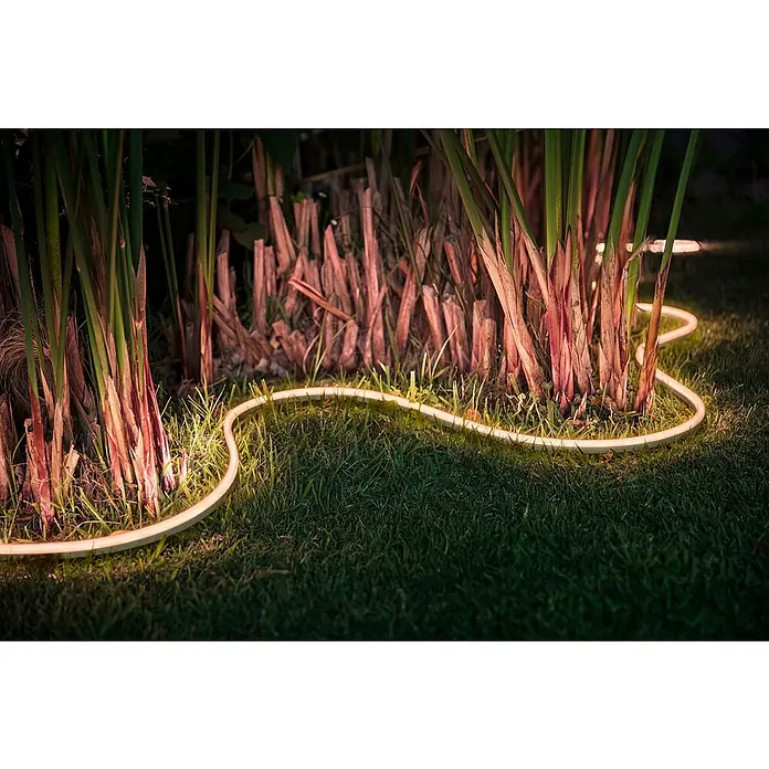 Philips Hue LED-Band Outdoor - Länge: 5 m, Lichtfarbe: RGBW, 37,5 W, 1.600 lm - Neon-Gartenlicht, das um Pflanzen auf Rasen gewickelt ist, erzeugt eine sanfte, stimmungsvolle Beleuchtung im Garten und sorgt für Ambiente.