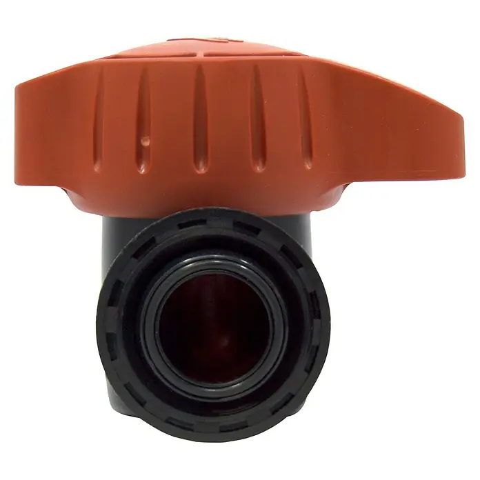Llave de paso Goteo - 1 ", Polietileno - Una válvula de bola cromada con una manija roja.