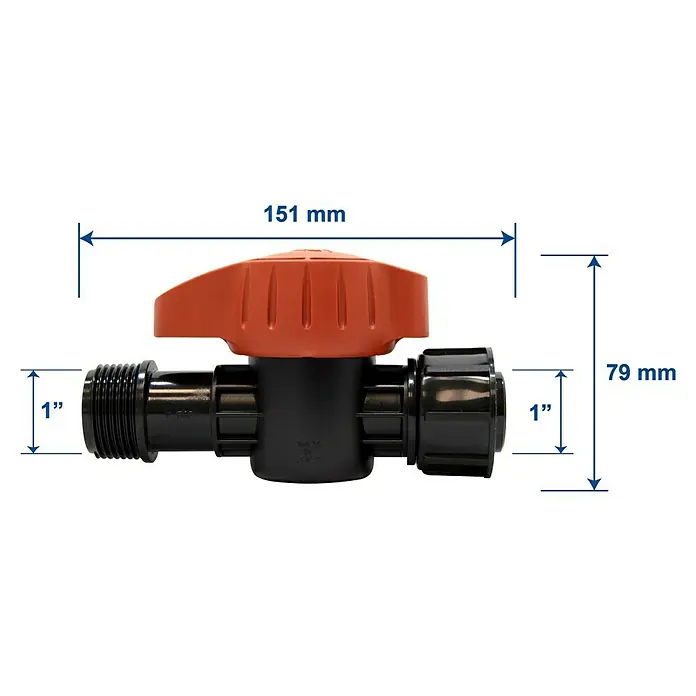 Llave de paso Goteo - 1 ", Polietileno - Primer plano de una válvula de agua negra con mango naranja, que incluye especificaciones de tamaño que indican las dimensiones.