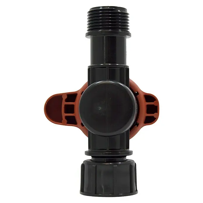 Llave de paso Goteo - 1 ", Polietileno - Primer plano de un grifo de agua de plástico negro con mango marrón. El grifo es robusto y está diseñado para uso en exteriores.