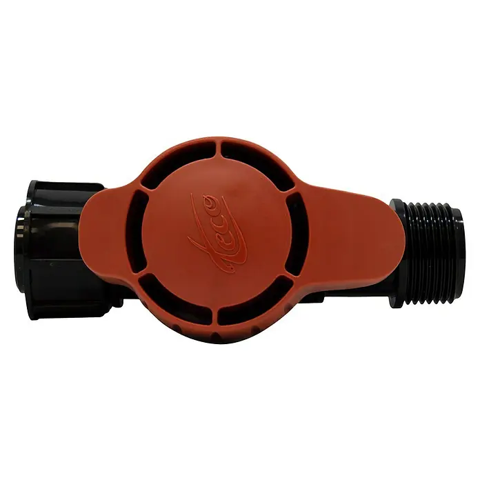 Llave de paso Goteo - 1 ", Polietileno - Primer plano de una válvula Heco roja con accesorios negros a cada lado, diseñada para un control preciso del flujo en sistemas.