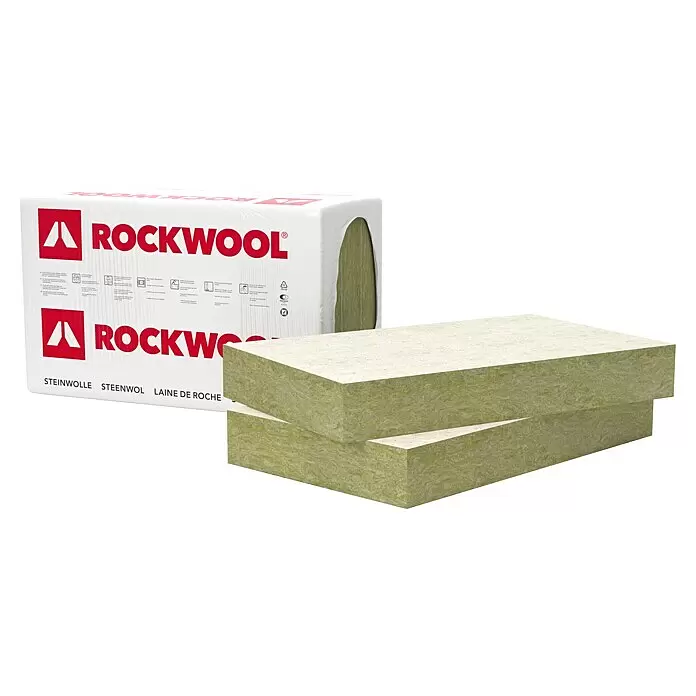 Rockwool Steinwolle Planarock Top 35 Kellerdeckendämmung - Stärke: 160 mm, Wärmeleitfähigkeit: 0,034 W/(mK) - Rockwool Dämmung in Verpackung und zwei losen Platten.