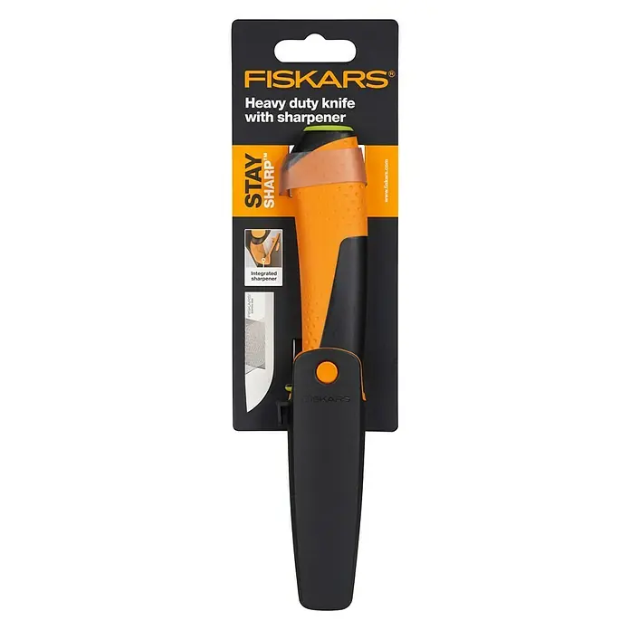 Fiskars Profimesser - Klingenlänge: 90 mm - Ein Fiskars Heavy Duty Messer mit integriertem Schärfer in einer schwarzen Verpackung, ideal für unterwegs und robuste Anwendungen.