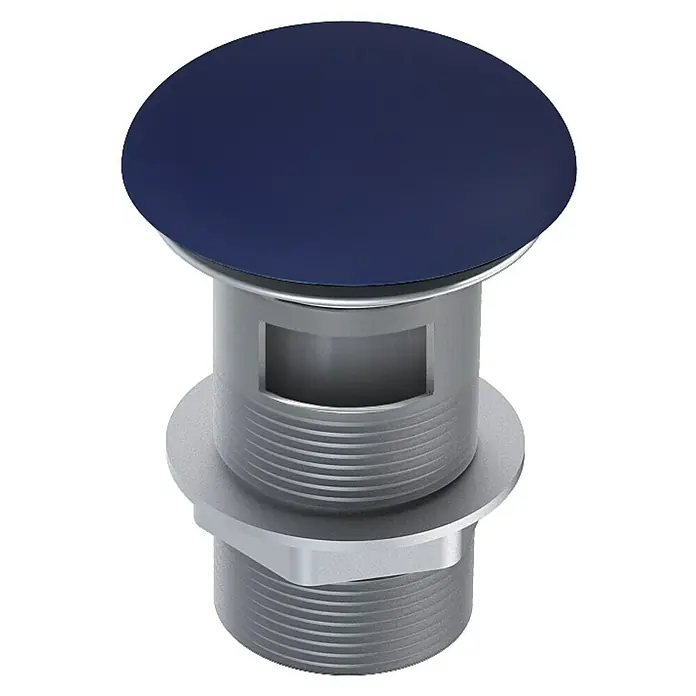 Inspira Ablaufventil - 1 ¼″, Navy Blue, Mit Druckknopf - Aufsicht eines Spültischstöpsel mit blauem Deckel und silberfarbenen Gehäuse.