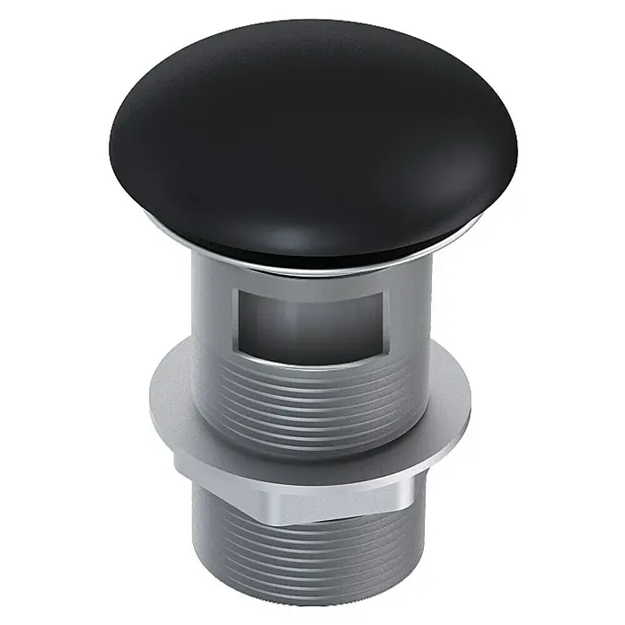 Inspira Ablaufventil - 1 ¼″, Black, Mit Druckknopf - Produktansicht eines schwarzen Pop-up-Waschtischstöpsels mit einer silbernen Basis. Ein modernes und elegantes Accessoire für jedes Badezimmer.