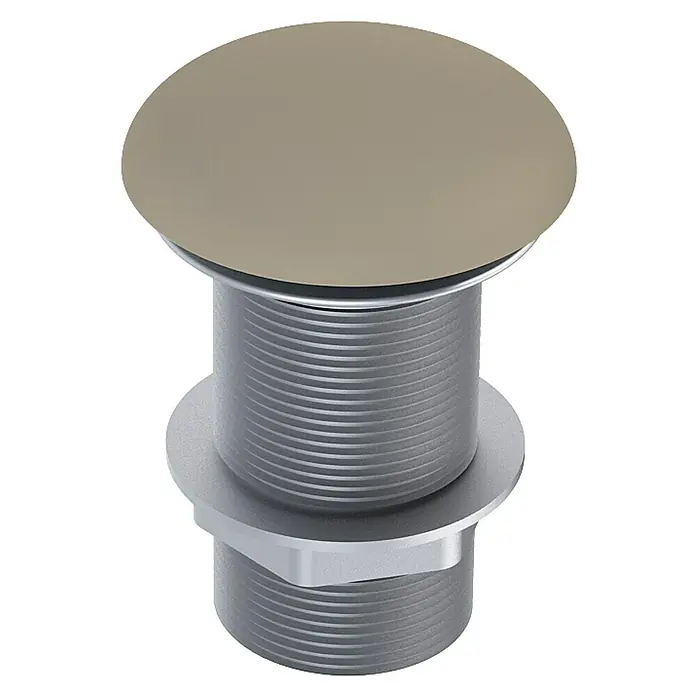 Inspira Ablaufventil - 1 ¼″, Fume, Permanent geöffnet - Nahaufnahme eines modernen Waschbeckenstöpsels in Silber und Beige.
