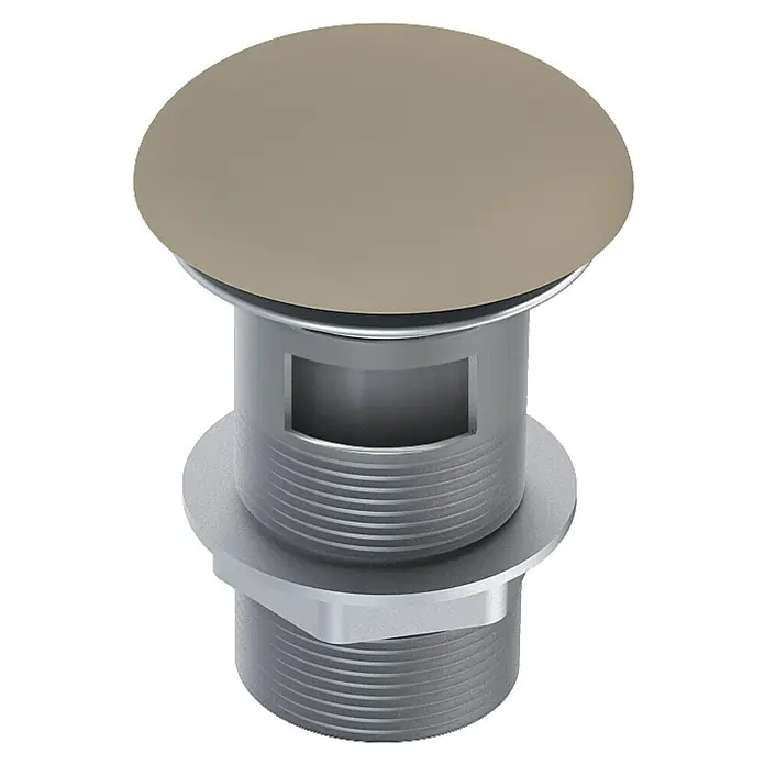 Inspira Ablaufventil - 1 ¼″, Fume, Mit Druckknopf - Detailaufnahme eines modernen Waschbeckenstöpsels aus Metall in Silber und Beige. Der Stöpsel hat ein minimalistisches Design und eine glatte Oberfläche.