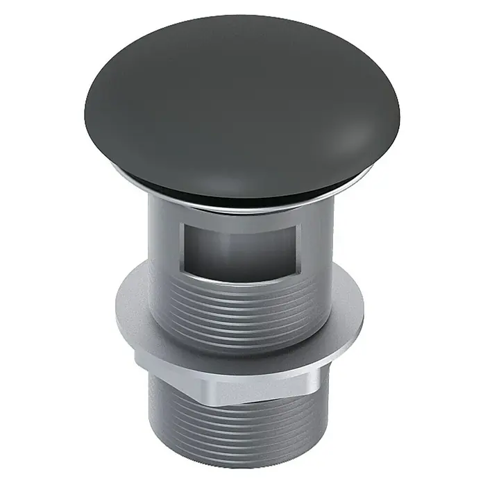 Inspira Ablaufventil - 1 ¼″, Anthracite, Mit Druckknopf - Nahaufnahme eines modernen, schwarzen Abflussstöpsels mit silbernen Akzenten, der ein elegantes und minimalistisches Design aufweist.