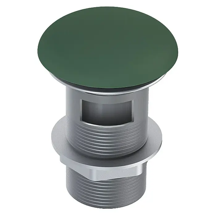 Inspira Ablaufventil - 1 ¼″, Forest Green, Mit Druckknopf - Nahaufnahme eines grünen Ablaufstopfens aus Metall.