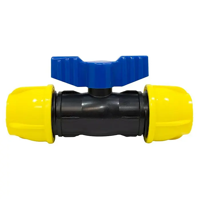 Válvula esférica PE para riego - Diámetro: 25 mm, Polietileno - Primer plano de una válvula de cierre con mango azul y accesorios de extremo amarillo sobre un fondo negro.