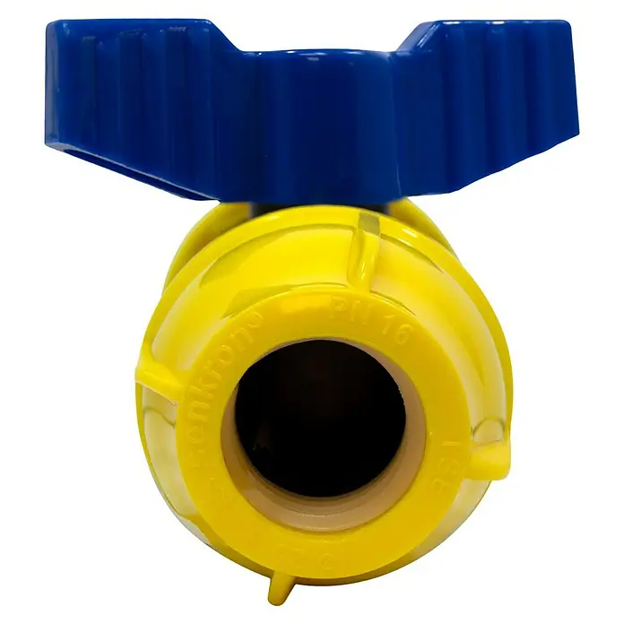 Válvula esférica PE para riego - Diámetro: 25 mm, Polietileno - Válvula de bola amarilla con manija azul. Ideal para gas y agua, resistente y fácil de usar para un cierre fiable.