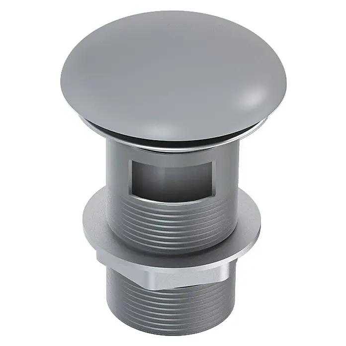 Inspira Ablaufventil - 1 ¼″, Light Grey, Mit Druckknopf - Detailaufnahme eines modernen, grauen Ablaufventils für Waschbecken, das durch seine robuste Konstruktion und sein elegantes Design besticht.