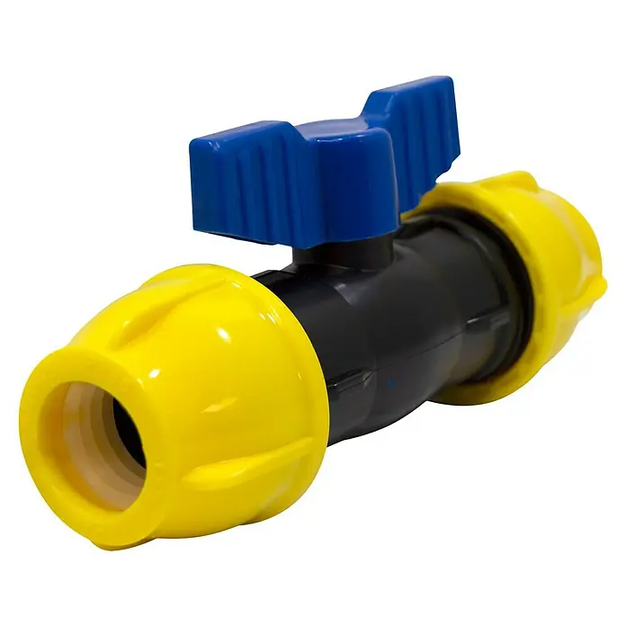Válvula esférica PE para riego - Diámetro: 25 mm, Polietileno - Una válvula de agua con mango azul y extremos amarillos sobre un fondo negro.