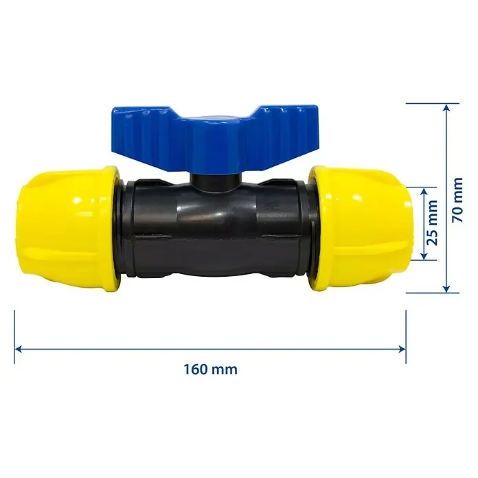 Válvula esférica PE para riego - Diámetro: 25 mm, Polietileno - Imagen de una válvula de bola negra con extremos amarillos y mango azul, acompañada de medidas dimensionales.