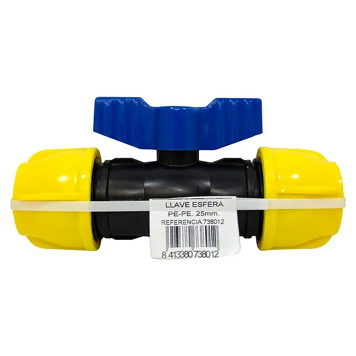 Válvula esférica PE para riego - Diámetro: 25 mm, Polietileno - Imagen de una válvula de bola PE-PE de 25mm con mango azul y extremos amarillos, sujeta con una etiqueta.