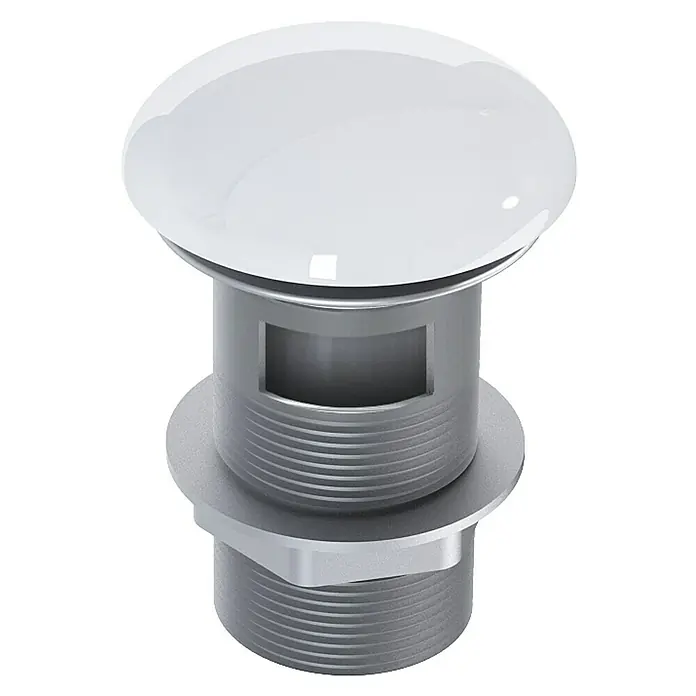 Inspira Ablaufventil - 1 ¼″, White, Mit Druckknopf - Das Bild zeigt einen Pop-Up-Ablaufgarnitur in Chrom-Optik mit einem glänzenden, weißen Deckel. Ideal für moderne Badezimmerarmaturen.