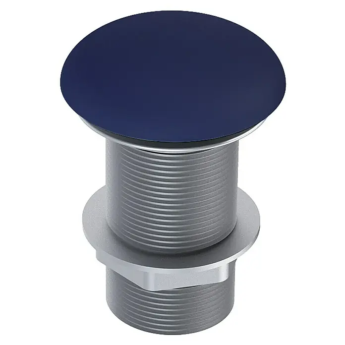 Inspira Ablaufventil - 1 ¼″, Navy Blue, Permanent geöffnet - Nahaufnahme eines Spülbeckenstöpsels mit blauem Deckel und silbernem, geriffeltem Gehäuse.