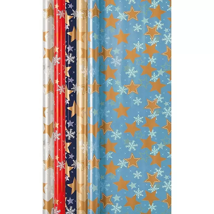 Duni Geschenkpapier - 70 x 200 cm, Christmas Stars - Glänzende Weihnachtsgeschenkpapierrollen in Weiß, Rot, Marine, Gold und Blau mit Sternen und Schneeflocken.