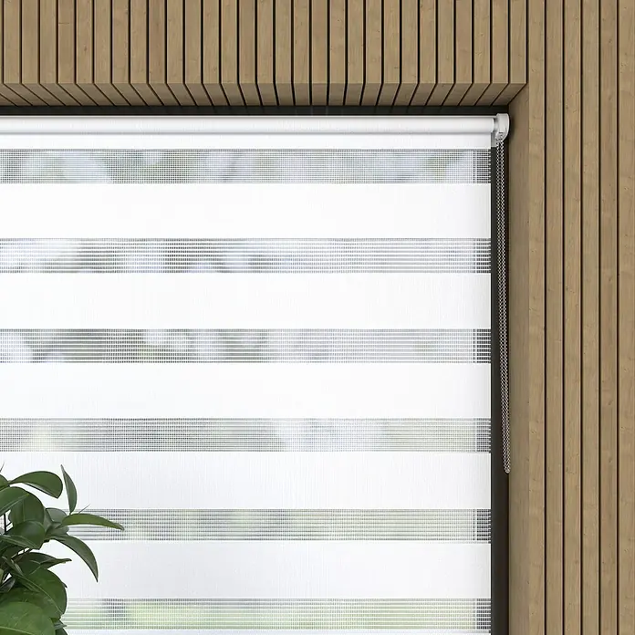 Expo Ambiente Doppelrollo Mini - B x H: 60 x 150 cm, Weiß - Elegante Zebra-Rollläden mit abwechselnden blickdichten und transparenten horizontalen Streifen für flexible Lichtsteuerung und Privatsphäre.