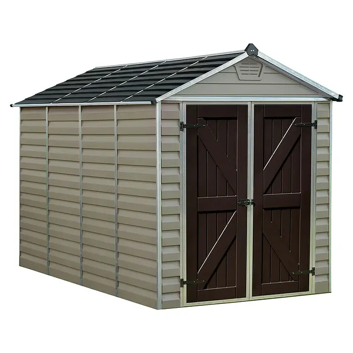 Palram – Canopia Gerätehaus Skylight 6x10 Tan - Außenmaß inkl. Dachüberstand (B x T): 185 x 304 cm, Kunststoff, Beige/Braun - Dieses Bild zeigt ein Gartenhaus mit Doppeltür, das ideal für die Aufbewahrung von Gartengeräten und Werkzeugen ist. Das Haus ist in Beige und Braun gehalten.