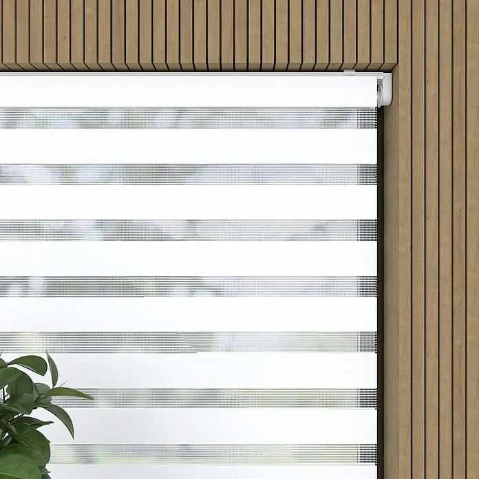 Doppelrollo Basic - B x H: 90 x 150 cm, Weiß - Nahaufnahme einer weißen Zebra-Jalousie vor einer Holzwand, die Lichtregulation und Privatsphäre in einem modernen Design bietet.