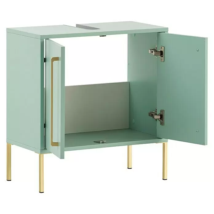 Schildmeyer Sarah Waschtischunterschrank - 57,1 x 30,1 x 61,2 cm, Mint, Matt - Hellgrüner Badunterschrank mit goldfarbenen Beinen und Griffen, leicht geöffneten Türen und einer oberen Aussparung.