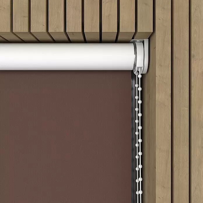 Verdunkelungsrollo - B x H: 90 x 275 cm, Braun - Braunes Rollo mit weißem Mechanismus, in Holzlamellen montiert.