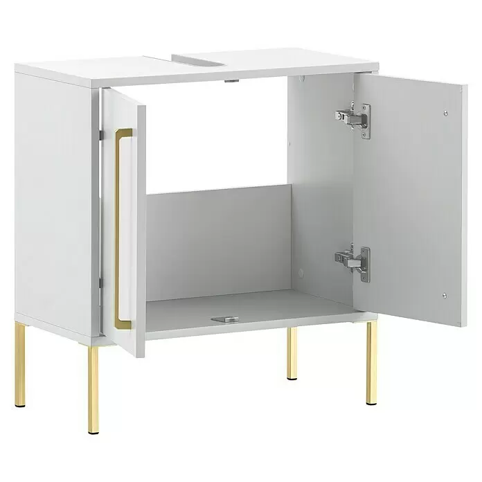 Schildmeyer Sarah Waschtischunterschrank - 57,1 x 30,1 x 61,2 cm, Kreideweiß, Matt - Weißer Waschtischunterschrank mit zwei offenen Türen, goldenem Griff und goldenen Beinen. Oben ist ein Ausschnitt für ein Waschbecken.