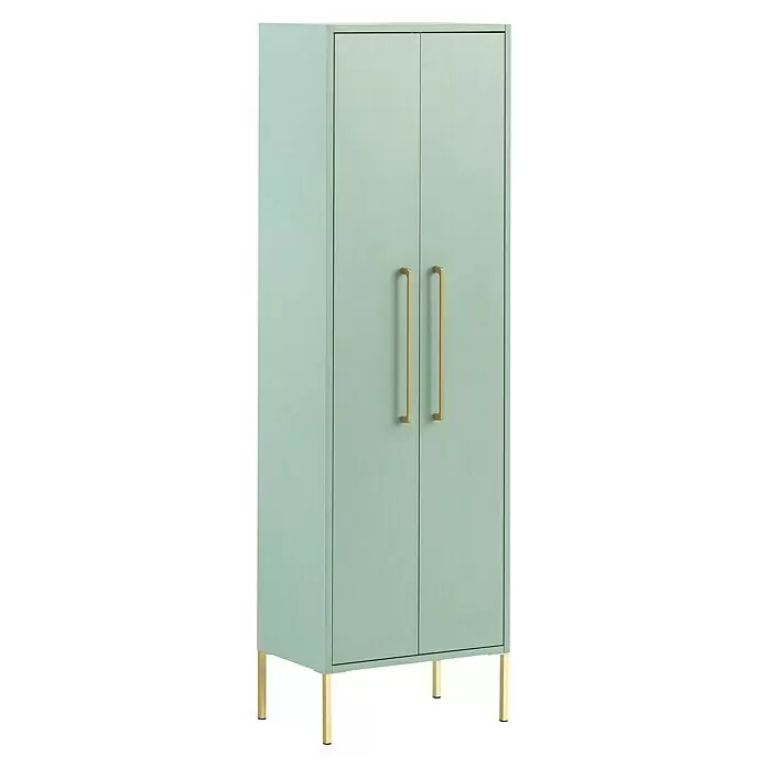 Schildmeyer Sarah Highboard - 46,2 x 30 x 154,7 cm, Mint, Matt - Hellgrüner zweitüriger Schrank mit goldenen Griffen und Beinen.
