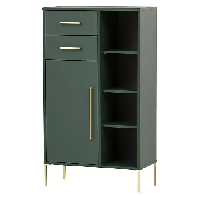 Schildmeyer Kent Highboard - 67,1 x 33,1 x 117,4 cm, Waldgrün, Matt - Dunkelgrüner Schrank mit zwei Schubladen, Tür, drei offenen Fächern und goldenen Griffen/Beinen.