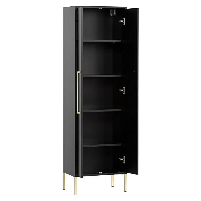 Schildmeyer Sarah Highboard - 46,2 x 30,1 x 154,7 cm, Schwarz, Matt - Hoher schwarzer Schrank mit goldenem Griff und Beinen, dessen offene Tür mehrere Innenregale zeigt.