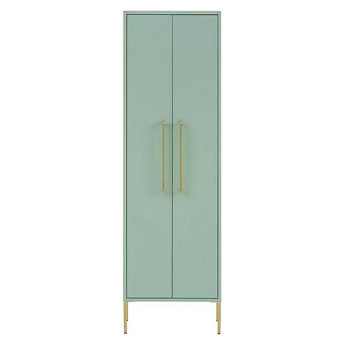 Schildmeyer Sarah Highboard - 46,2 x 30 x 154,7 cm, Mint, Matt - Minzgrüner zweitüriger Schrank mit goldenen Griffen und vier goldenen Beinen.